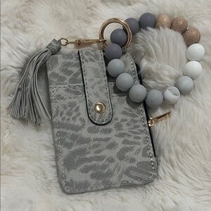 Gray Patterned Card Holder with Tassel and Beaded Keychain